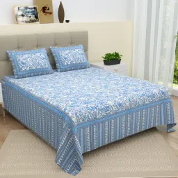 bella casa Blue Floral 180 TC Cotton 1 Double King Size Bedsheet with 2 Pillow Covers-picture-12