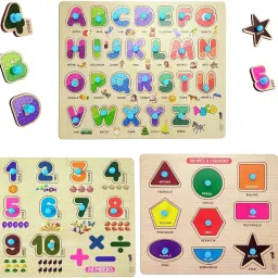 Wooden Learning Educational Board Set of 3 Alphabets, Numbers & Shapes For Kids-0