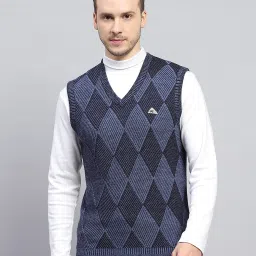Men Self Design V Neck Dark Blue Sweater-image-52