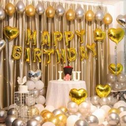 Solid Golden Happy Birthday Foil balloon With Metallic Golden Silver Balloons(Pack Of 43) Letter Balloon-8