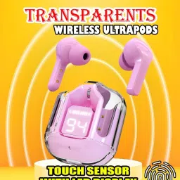 crecro Ultrapod Bluetooth Earbuds Headset Crystal Transparent Design,LED Display W60 Smart Headphones-image-59