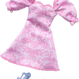 Doll Clothing, Fashion Pack with Pink Puff Sleeve Dress & Accessories (1 Outfit)-picture-23