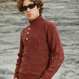 campus sutra Men Self Design High Neck Brown Sweater-picture-23