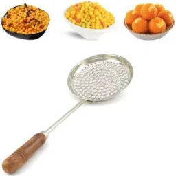ragini Stainless Steel Boondi Jara with Wooden Handle for Home and Kitchen Making Ladoo Bundi Zara Strainer (Multicolor Pack of 1) Collapsible Deep Frying Basket image 2