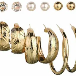 Six Pair's Latest Collection Multiple Pearl Stud Stylish Party Wear Hoop Earrings for Women and Girlâ¦ Alloy Hoop Earring-image-41