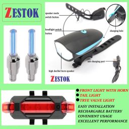 zestok Bicycle Combo Of Cycle Front Light with Horn Tail Light and Tyre Valve Light LED Front Rear Light Combo image 2