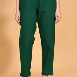 Women Regular Fit Dark Green Pure Cotton Trousers-image-7