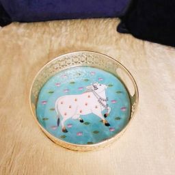 Metal Round Cow Pichwai Best for Home Decor Diwali Gift Tray 20 cm Tray-image-3