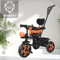 Kids Tricycle with Parental Steering, Rear Basket & Cushioned Seat New Black and Orange Tricycle-image-14