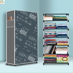6 Shelf Foldable Collapsible Wardrobe Storage Organizer Almirah Cloth Rack PVC Collapsible Wardrobe-image-99