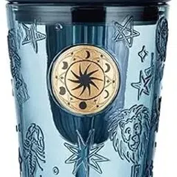 Translucent blue tumbler with dark blue lid and straw with gold circular Emblem Glass Coffee Mug-image-19