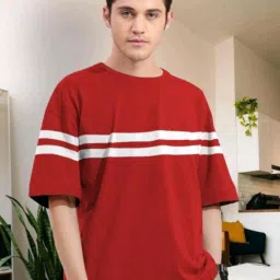 Men Striped Round Neck Polycotton Red T-Shirt-image-71