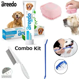 (Combo of 4 ) Toothpaste + Teeth Brush + Flea Comb + Scrub For All Breed Dogs Basic Comb forDog & Cat, Dog, Monkey, Rabbit, Hamster-6