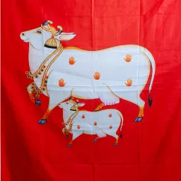 Cow with calf Backdrop Red Background Decorative size 5ft Hight & 8ft Width Curtain Fabric-40