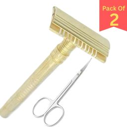 Golden Brass Shaving Razor For Clean Smooth Shave with Grooming Small Scissor, Men-image-4