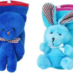 Soft Velvet Plush Stretchable Baby Feeding Bottle Cover With Easy To Hold Strap For Newborn/Toddler Babies-With Cute Attractive Cartoon Toy-Pack of 2 (60-125 ML) (Light Blue,Dark Blue)-image-31