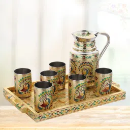 Minakari Peacock Lemon Set steel Glass Jug Tray Set Golden ( Steel, Wood) Jug Glass Tray Set-9