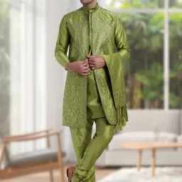 Men Pure Silk Kurta Churidar Ethnic Jacket Set-image-16