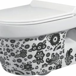 Ceramic Designer Wall Hung / Wall Mounted Rimless Western Commode Toilet / Water Closet / WC Retro Printed White with Soft Close Slim Seat Cover Western Commode-11