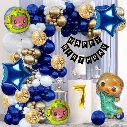 7th Birthday Decoration Kit Blue & Gold Cocomelon Theme Foil Balloons & Banner-image-90