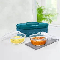 Teal Lunch Box with Bag, 2pc (400 ml x 2 Round), Horizontal Glass Office Tiifin 2 Containers Lunch Box-27
