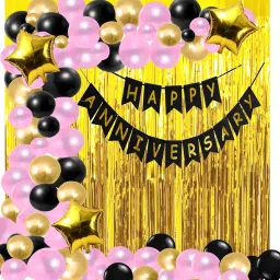 Solid Happy Anniversary Black Banner With Gold Metallic Fringe Curtains with Latex and Star Foil Balloons Decoration kit Balloon-11