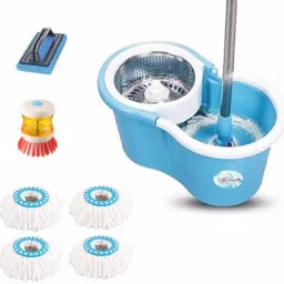 STEEL Mop Bucket Magic Spin Mop Bucket Double Drive Hand Pressure with,1 Dish Brush,1 Tile Brush, 4 Microfiber Mop Head Standard Color BLUE Mop Set-11