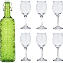 Bottle & 6 Glass Serving Lemon Set, Green, Clear, Glass - A409 Jug Glass Set-image-5