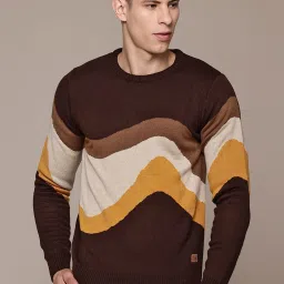 Men Self Design Round Neck Brown Sweater-image-50