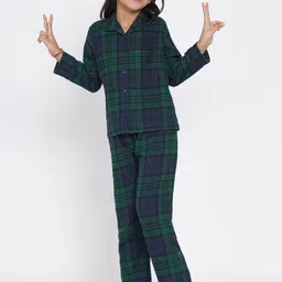 berrytree Girls Green & Blue Checked Warm Flannel Winter Night Suit-image-86