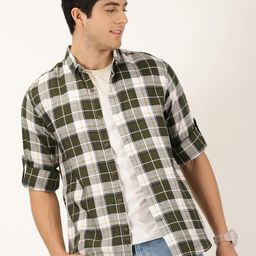 Mast & Harbour Olive Green Classic Slim Fit Tartan Checks Opaque Casual Shirt-image-3