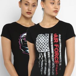 appulse Women Black & White Set Of 2 Printed Slim Fit Cotton Running T-shirts-image-73