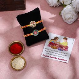 Religious Rakhi (Pack of 2) Om & Ganesha | Roli Chawal | Card Gold Finish Greeting Card, Rakhi Set-picture-12