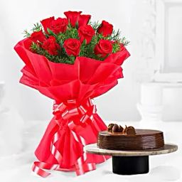 Eggless Chocolate Truffle Cake and Red Roses Bouquet-14