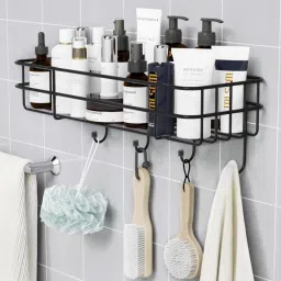 Self Adhesive Bathroom Shelf | Multipurpose Kitchen Storage Rack - with Hooks BLACK Towel Holder-picture-18
