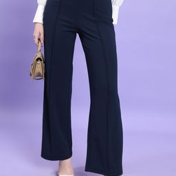 tokyo talkies Women Flared Dark Blue Cotton Blend Trousers-picture-4