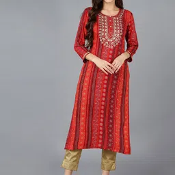 KALINI Bandhani Printed Round Neck Thread Work Straight Kurta-image-85
