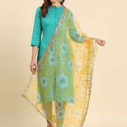 Dupatta Bazaar Women Yellow & White Floral Printed Organza Dupatta with Sequined Work-14