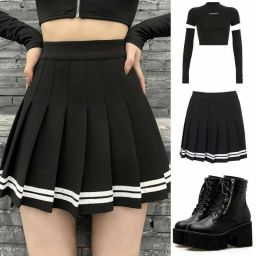 Women Striped Pleated Black Skirt-image-26