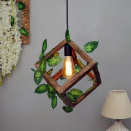 Hanging Pendant Plant Light Ftures Creative Home Decor Living Room Dining, Ceiling light with leafy vine and filament bulb, Antique Wood Cube Pendants Ceiling Lamp-17