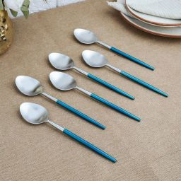 Radiant Blue Handled Matt Finish Stainless Steel Dessert Spoons Set of Six Disposable Stainless Steel Cutlery Set-image-0