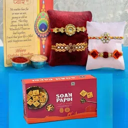 Designer RAKHI122-Soanpapdi Mauli Thread, Assorted Greeting Card, Chawal Roli Pack, Rakhi Set-image-79