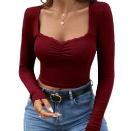 Casual Regular Sleeves Solid Women Maroon Top-image-95