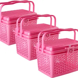 Plastic Pack of 3 Multipurpose Small Storage Box with Lid & Handle | Barbie Pink Storage Basket-10