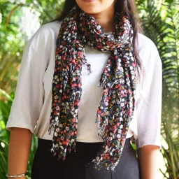 Floral Print Pure Cotton Women Black Stole, Scarf-picture-13