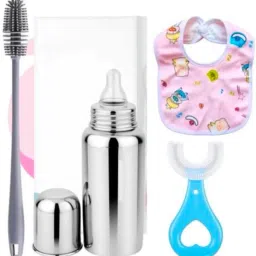Babypack of-4 bib silicone brush,stainless steel bottle and baby hand teether Teether and Feeder-image-2