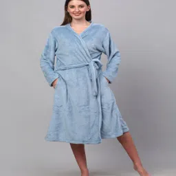 klotthe Blue Solid Woolen Women Bath Robe With Belt (XL)-picture-28