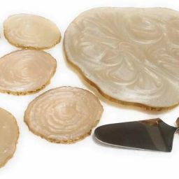 Elegant Resin Cake Stand, Cake Server and 6 Coasters | Set of 3 | Color- Cream Wooden Cake Server-43