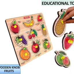 Wooden Fruits Puzzle with Pegs Educational Learning Shapes,Fruit Names Board Toy-25