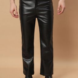 Men Regular Fit Black Faux Leather Trousers-image-12
